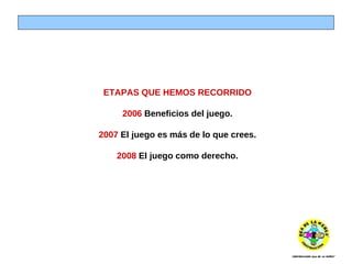 ETAPAS QUE HEMOS RECORRIDO 2006  Beneficios del juego. 2007  El juego es más de lo que crees. 2008  El juego como derecho. 