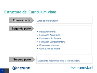 Estructura del Curriculum Vitae

          Primera parte   Carta de presentación


         Segunda parte
                          • Datos personales
                          • Formación Académica
                             PRESENCIAL
                          • Experiencia Profesional
                          • Formación Complementaria
                          • Otros conocimientos
                          • Otros datos de interés




          Tercera parte   Expediente Académico (sólo si lo demandan)


13
13
 