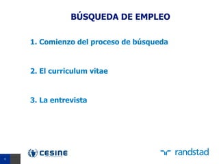 BÚSQUEDA DE EMPLEO

    1. Comienzo del proceso de búsqueda


    2. El curriculum vitae


    3. La entrevista




6
6
 