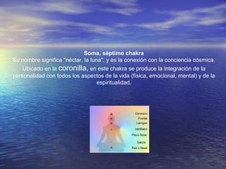 Soma, séptimo chakra
Su nombre significa "néctar, la luna", y es la conexión con la conciencia cósmica.
Ubicado en la coronilla, en este chakra se produce la integración de la
personalidad con todos los aspectos de la vida (física, emocional, mental) y de la
espiritualidad.
 