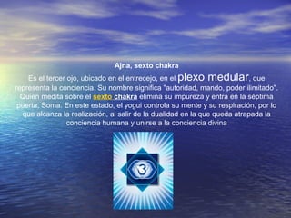 Ajna, sexto chakra
Es el tercer ojo, ubicado en el entrecejo, en el plexo medular, que
representa la conciencia. Su nombre significa "autoridad, mando, poder ilimitado".
Quien medita sobre el sexto chakra elimina su impureza y entra en la séptima
puerta, Soma. En este estado, el yogui controla su mente y su respiración, por lo
que alcanza la realización, al salir de la dualidad en la que queda atrapada la
conciencia humana y unirse a la conciencia divina
 