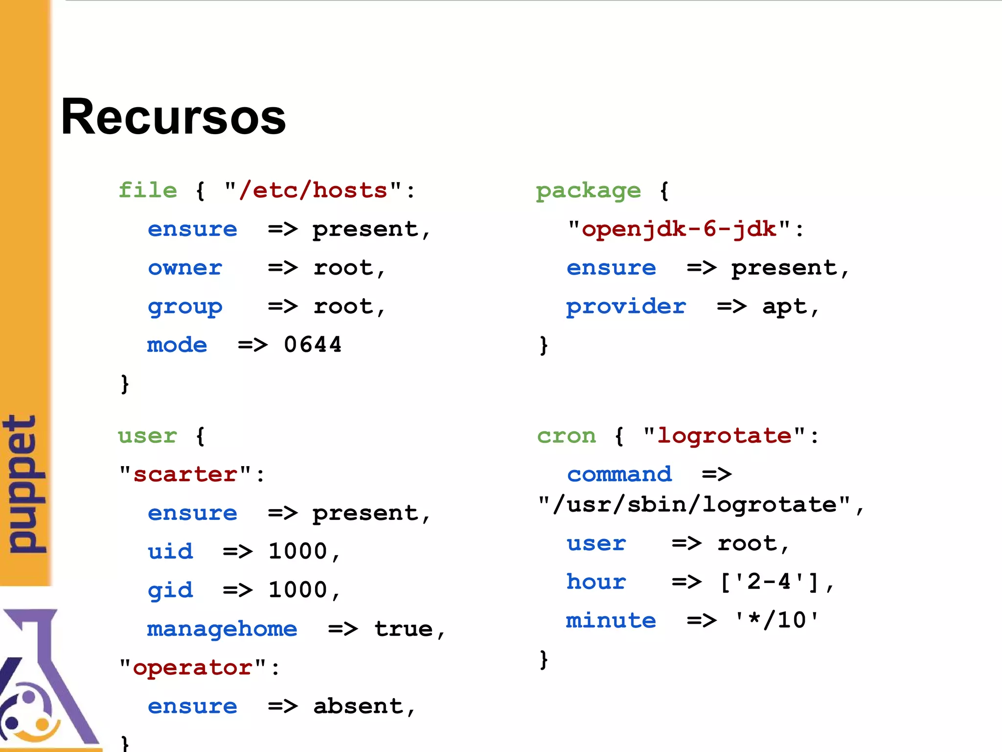 Recursos
file { "/etc/hosts":
ensure => present,
owner => root,
group => root,
mode => 0644
}
package {
"openjdk-6-jdk":
ensure => present,
provider => apt,
}
user {
"scarter":
ensure => present,
uid => 1000,
gid => 1000,
managehome => true,
"operator":
ensure => absent,
}
cron { "logrotate":
command =>
"/usr/sbin/logrotate",
user => root,
hour => ['2-4'],
minute => '*/10'
}
 