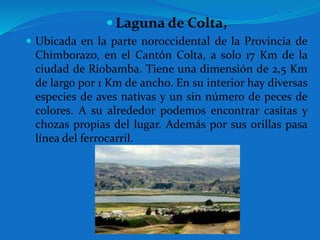  Laguna de Colta,
 Ubicada en la parte noroccidental de la Provincia de
Chimborazo, en el Cantón Colta, a solo 17 Km de la
ciudad de Riobamba. Tiene una dimensión de 2,5 Km
de largo por 1 Km de ancho. En su interior hay diversas
especies de aves nativas y un sin número de peces de
colores. A su alrededor podemos encontrar casitas y
chozas propias del lugar. Además por sus orillas pasa
línea del ferrocarril.
 