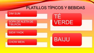 PLATILLOS TÍPICOS Y BEBIDAS
DIM SUM
SOPA DE ALETA DE
TIBURÓN
SIEW YHOK
CHOW MEIN
TÉ
VERDE
BAIJU
 