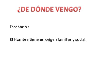 Escenario :  	El Hombre tiene un origen familiar y social. 	¿DE DÓNDE VENGO?