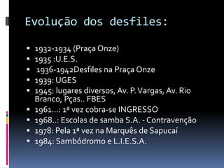 Evolução dos desfiles:

   1932-1934 (Praça Onze)
   1935 :U.E.S.
   1936-1942Desfiles na Praça Onze
   1939: UGES
   1945: lugares diversos, Av. P. Vargas, Av. Rio
    Branco, Pças.. FBES
   1961…: 1ª vez cobra-se INGRESSO
   1968..: Escolas de samba S.A. - Contravenção
   1978: Pela 1ª vez na Marquês de Sapucaí
   1984: Sambódromo e L.I.E.S.A.
 