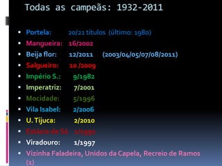 Todas as campeãs: 1932-2011

 Portela:       20/21 títulos (último: 1980)
   Mangueira: 16/2002
   Beija flor:  12/2011 (2003/04/05/07/08/2011)
   Salgueiro: 10 /2009
   Império S.:   9/1982
   Imperatriz:    7/2001
   Mocidade:     5/1996
   Vila Isabel:  2/2006
   U. Tijuca:     2/2010
   Estácio de Sá 1/1992
   Viradouro:     1/1997
   Vizinha Faladeira, Unidos da Capela, Recreio de Ramos
    (1)
 