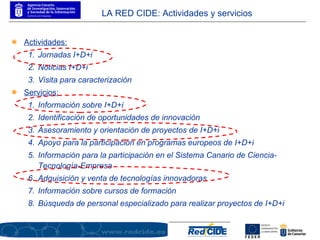 Actividades: Jornadas I+D+i Noticias I+D+i Visita para caracterización Servicios: Información sobre I+D+i Identificación de oportunidades de innovación Asesoramiento y orientación de proyectos de I+D+i Apoyo para la participación en programas europeos de I+D+i Información para la participación en el Sistema Canario de Ciencia-Tecnología-Empresa Adquisición y venta de tecnologías innovadoras Información sobre cursos de formación Búsqueda de personal especializado para realizar proyectos de I+D+i LA RED CIDE: Actividades y servicios 
