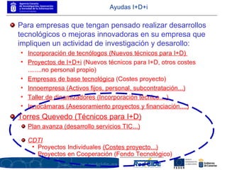 Ayudas I+D+i Para empresas que tengan pensado realizar desarrollos tecnológicos o mejoras innovadoras en su empresa que impliquen un actividad de investigación y desarollo: Incorporación de tecnólogos (Nuevos técnicos para I+D)  Proyectos de I+D+i  (Nuevos técnicos para I+D, otros costes ........no personal propio) Empresas de base tecnológica  (Costes proyecto) Innoempresa (Activos fijos, personal, subcontratación...) Taller de dinamizadores (Incorporación técnico....) Innocámaras (Asesoramiento proyectos y financiación....) Torres Quevedo (Técnicos para I+D) Plan avanza (desarrollo servicios TIC...) CDTI Proyectos Individuales  (Costes proyecto...) Proyectos en Cooperación (Fondo Tecnológico) 