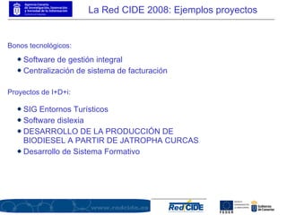 Bonos tecnológicos: Software de gestión integral Centralización de sistema de facturación Proyectos de I+D+i: SIG Entornos Turísticos Software dislexia DESARROLLO DE LA PRODUCCIÓN DE BIODIESEL A PARTIR DE JATROPHA CURCAS Desarrollo de Sistema Formativo La Red CIDE 2008: Ejemplos proyectos 