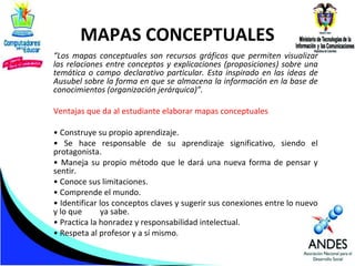 MAPAS CONCEPTUALES
“Los mapas conceptuales son recursos gráficos que permiten visualizar
las relaciones entre conceptos y explicaciones (proposiciones) sobre una
temática o campo declarativo particular. Esta inspirado en las ideas de
Ausubel sobre la forma en que se almacena la información en la base de
conocimientos (organización jerárquica)”.
Ventajas que da al estudiante elaborar mapas conceptuales
• Construye su propio aprendizaje.
• Se hace responsable de su aprendizaje significativo, siendo el
protagonista.
• Maneja su propio método que le dará una nueva forma de pensar y
sentir.
• Conoce sus limitaciones.
• Comprende el mundo.
• Identificar los conceptos claves y sugerir sus conexiones entre lo nuevo
y lo que
ya sabe.
• Practica la honradez y responsabilidad intelectual.
• Respeta al profesor y a sí mismo.

 