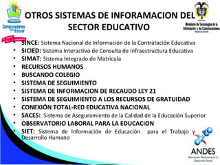 OTROS SISTEMAS DE INFORAMACION DEL
SECTOR EDUCATIVO
•
•
•
•
•
•
•
•
•
•
•
•

SINCE: Sistema Nacional de Información de la Contratación Educativa
SICIED: Sistema Interactivo de Consulta de Infraestructura Educativa
SIMAT: Sistema Integrado de Matricula
RECURSOS HUMANOS
BUSCANDO COLEGIO
SISTEMA DE SEGUIMIENTO
SISTEMA DE INFORMACION DE RECAUDO LEY 21
SISTEMA DE SEGUIMIENTO A LOS RECURSOS DE GRATUIDAD
CONEXIÓN TOTAL-RED EDUCATIVA NACIONAL
SACES: Sistema de Aseguramiento de la Calidad de la Educación Superior
OBSERVATORIO LABORAL PARA LA EDUCACION
SIET: Sistema de Información de Educación para el Trabajo y el
Desarrollo Humano

 