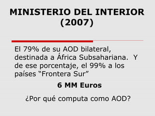 MINISTERIO DEL INTERIOR
(2007)
El 79% de su AOD bilateral,
destinada a África Subsahariana. Y
de ese porcentaje, el 99% a los
países “Frontera Sur”
6 MM Euros
¿Por qué computa como AOD?
 