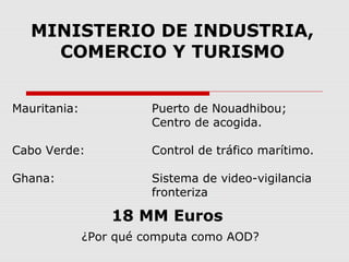 MINISTERIO DE INDUSTRIA,
COMERCIO Y TURISMO
Mauritania: Puerto de Nouadhibou;
Centro de acogida.
Cabo Verde: Control de tráfico marítimo.
Ghana: Sistema de video-vigilancia
fronteriza.
18 MM Euros
¿Por qué computa como AOD?
 