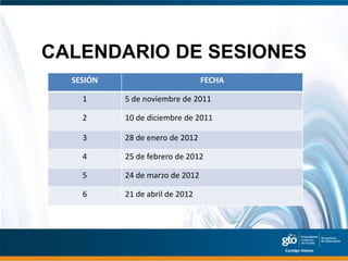 CALENDARIO DE SESIONES
  SESIÓN                         FECHA

    1      5 de noviembre de 2011

    2      10 de diciembre de 2011

    3      28 de enero de 2012

    4      25 de febrero de 2012

    5      24 de marzo de 2012

    6      21 de abril de 2012
 
