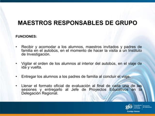 MAESTROS RESPONSABLES DE GRUPO

FUNCIONES:


•   Recibir y acomodar a los alumnos, maestros invitados y padres de
    familia en el autobús, en el momento de hacer la visita a un Instituto
    de Investigación.

•   Vigilar el orden de los alumnos al interior del autobús, en el viaje de
    ida y vuelta.

•   Entregar los alumnos a los padres de familia al concluir el viaje.

•   Llenar el formato oficial de evaluación al final de cada una de las
    sesiones y entregarlo al Jefe de Proyectos Educativos en la
    Delegación Regional.
 