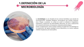1.DEFINICIÓN DE LA
MICROBIOLOGÍA
La microbiología es una disciplina de las ciencias biomédicas que estudia los
microorganismos, entidades biológicas microscópicas que incluyen bacterias,
virus, hongos y parásitos. Su campo de acción se extiende al diagnóstico,
tratamiento y prevención de enfermedades infecciosas, así como a aplicaciones
en la industria alimentaria, farmacéutica, ambiental y biotecnológica.
Fuente complementaria: Sherris & Ryan enfatizan el papel de la microbiología en
la comprensión del agente etiológico de las infecciones y su control mediante
medidas terapéuticas y de salud pública.
 