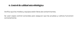 6. Control de calidad microbiológica
Verifica que los medios y equipos estén libres de contaminantes.
Se usan cepas control conocidas para asegurar que las pruebas y cultivos funcionen
correctamente.
 