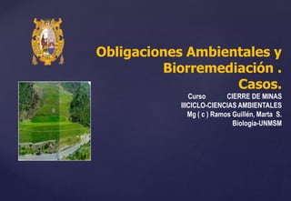 Obligaciones Ambientales y
Biorremediación .
Casos.
Curso : CIERRE DE MINAS
IIICICLO-CIENCIAS AMBIENTALES
Mg ( c ) Ramos Guillén, Marta S.
Biología-UNMSM
 