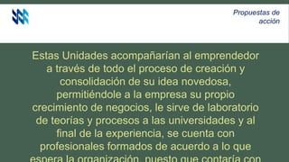 Estas Unidades acompañarían al emprendedor
a través de todo el proceso de creación y
consolidación de su idea novedosa,
permitiéndole a la empresa su propio
crecimiento de negocios, le sirve de laboratorio
de teorías y procesos a las universidades y al
final de la experiencia, se cuenta con
profesionales formados de acuerdo a lo que
Propuestas de
acción
 