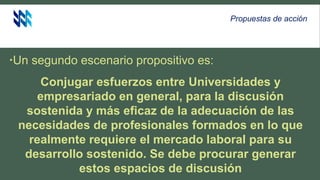 Un segundo escenario propositivo es:
Conjugar esfuerzos entre Universidades y
empresariado en general, para la discusión
sostenida y más eficaz de la adecuación de las
necesidades de profesionales formados en lo que
realmente requiere el mercado laboral para su
desarrollo sostenido. Se debe procurar generar
estos espacios de discusión
Propuestas de acción
 