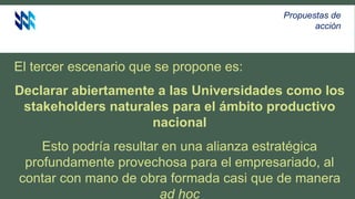 El tercer escenario que se propone es:
Declarar abiertamente a las Universidades como los
stakeholders naturales para el ámbito productivo
nacional
Esto podría resultar en una alianza estratégica
profundamente provechosa para el empresariado, al
contar con mano de obra formada casi que de manera
ad hoc
Propuestas de
acción
 