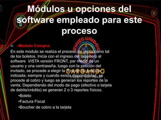 Módulos u opciones del
    software empleado para este
              proceso
    -Modulo Compra:
En este modulo se realiza el proceso de venta como tal
de los boletos. Inicia con el ingreso del taquillero al
software VISTA versión FRONT, por medio de un
usuario y una contraseña, luego con la petición del
invitado, se procede a elegir la función de película
indicada; siempre y cuando exista disponibilidad, se
procede al cobro y luego se generan los reportes de la
venta. Dependiendo del modo de pago (efectivo o tarjeta
de debito/crédito) se generan 2 o 3 reportes físicos.
      •Boleto
      •Factura Fiscal
      •Boucher de cobro a la tarjeta
 
