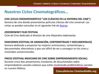 Nuestros Ciclos Cinematográficos…
CHIC (CICLO CINEMATOGRÁFICO “LOS CLÁSICOS EN LA HISTORIA DEL CINE”)
Semana de cine donde presentamos películas clásicas del cine universal. Las
cintas se pueden consultar en el siguiente link de Acervo
JODOROWSKY FILM FESTIVAL
Ciclo de Cine dedicado al director de cine Alejandro Jodorowsky
FANCODMX (FESTIVAL DE ANIMACIÓN, CORTOMETRAJES Y DOCUMENTALES)
Semana dedicada a proyectar las mejores animaciones, cortometrajes y
documentales alternativos y que son difícil de ver y conseguir en los cines y
cineclubes convencionales.
FMCES (FESTIVAL MEXICANO DE CINE SOBRE EMPRENDIMIENTO SOCIAL)
Durante cinco días proyectamos maratones de documentales sobre
emprendedores sociales exitosos que están resolviendo problemáticas sociales
en nuestro México.
Cinecafeterías CinelandiaMx.org
Cineclub | Cafetería | Cultura | Conciencia | Creatividad | Emprendimiento
 