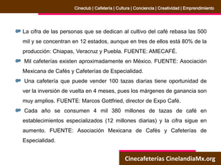 Cinecafeterías CinelandiaMx.org
Cineclub | Cafetería | Cultura | Conciencia | Creatividad | Emprendimiento
La cifra de las personas que se dedican al cultivo del café rebasa las 500
mil y se concentran en 12 estados, aunque en tres de ellos está 80% de la
producción: Chiapas, Veracruz y Puebla. FUENTE: AMECAFÉ.
Mil cafeterías existen aproximadamente en México. FUENTE: Asociación
Mexicana de Cafés y Cafeterías de Especialidad.
Una cafetería que puede vender 100 tazas diarias tiene oportunidad de
ver la inversión de vuelta en 4 meses, pues los márgenes de ganancia son
muy amplios. FUENTE: Marcos Gottfried, director de Expo Café.
Cada año se consumen 4 mil 380 millones de tazas de café en
establecimientos especializados (12 millones diarias) y la cifra sigue en
aumento. FUENTE: Asociación Mexicana de Cafés y Cafeterías de
Especialidad.
 