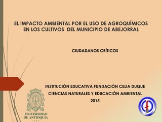 EL IMPACTO AMBIENTAL POR EL USO DE AGROQUÍMICOS
EN LOS CULTIVOS DEL MUNICIPIO DE ABEJORRAL
CIUDADANOS CRÍTICOS
INSTITUCIÓN EDUCATIVA FUNDACIÓN CELIA DUQUE
CIENCIAS NATURALES Y EDUCACIÓN AMBIENTAL
2015
 