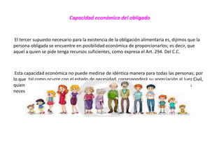 Capacidad económica del obligado
El tercer supuesto necesario para la existencia de la obligación alimentaria es, dijimos que la
persona obligada se encuentre en posibilidad económica de proporcionarlos; es decir, que
aquel a quien se pide tenga recursos suficientes, como expresa el Art. 294. Del C.C.
Esta capacidad económica no puede medirse de idéntica manera para todas las personas; por
lo que, tal como ocurre con el estado de necesidad, corresponderá su apreciación al Juez Civil,
quien atenderá no solo a los ingresos que puede tener el obligado, sino igualmente a sus
necesidades vitales y de las personas que dé él dependen. dependen
 