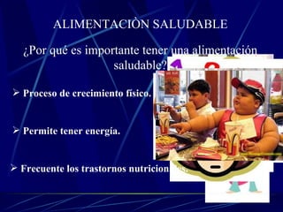 ALIMENTACIÒN SALUDABLE ¿Por qué es importante tener una alimentación saludable? Proceso de crecimiento físico. Permite tener energía. Frecuente los trastornos nutricionales.
