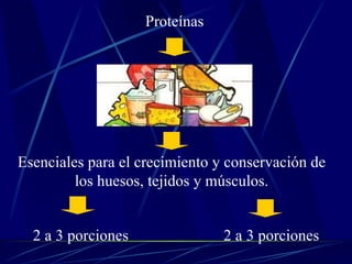 Proteínas Esenciales para el crecimiento y conservación de los huesos, tejidos y músculos. 2 a 3 porciones 2 a 3 porciones