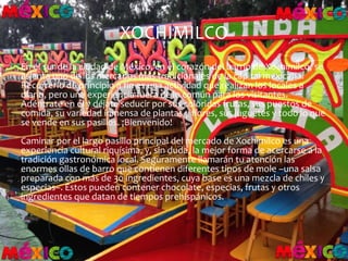 XOCHIMILCO
En el sur de la ciudad de México, en el corazón del barrio de Xochimilco, se
asienta uno de los mercados más tradicionales de la capital mexicana.
Recorrerlo de principio a fin es una actividad que realizan los locales a
diario, pero una experiencia fuera de lo común para los visitantes.
Adéntrate en él y déjate seducir por sus coloridas frutas, sus puestos de
comida, su variedad inmensa de plantas y flores, sus juguetes y todo lo que
se vende en sus pasillos. ¡Bienvenido!
Caminar por el largo pasillo principal del mercado de Xochimilco es una
experiencia cultural riquísima, y, sin duda, la mejor forma de acercarse a la
tradición gastronómica local. Seguramente llamarán tu atención las
enormes ollas de barro que contienen diferentes tipos de mole –una salsa
preparada con más de 30 ingredientes, cuya base es una mezcla de chiles y
especias–. Éstos pueden contener chocolate, especias, frutas y otros
ingredientes que datan de tiempos prehispánicos.
 