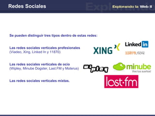 Redes Sociales Se pueden distinguir tres tipos dentro de estas redes:   Las redes sociales verticales profesionales   (Viadeo, Xing, Linked In y 11870) Las redes sociales verticales de ocio   (Wipley, Minube Dogster, Last.FM y Moterus)  Las redes sociales verticales mixtas. 