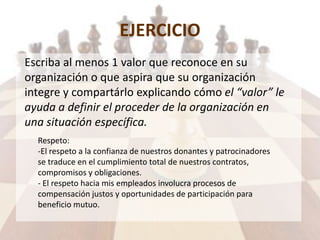 EJERCICIO
Escriba al menos 1 valor que reconoce en su
organización o que aspira que su organización
integre y compartárlo explicando cómo el “valor” le
ayuda a definir el proceder de la organización en
una situación específica.
Respeto:
-El respeto a la confianza de nuestros donantes y patrocinadores
se traduce en el cumplimiento total de nuestros contratos,
compromisos y obligaciones.
- El respeto hacia mis empleados involucra procesos de
compensación justos y oportunidades de participación para
beneficio mutuo.
 