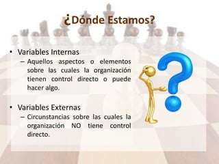 ¿Dónde Estamos?
• Variables Internas
– Aquellos aspectos o elementos
sobre las cuales la organización
tienen control directo o puede
hacer algo.
• Variables Externas
– Circunstancias sobre las cuales la
organización NO tiene control
directo.
 