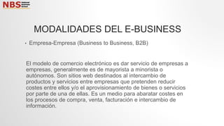 • Empresa-Empresa (Business to Business, B2B)
El modelo de comercio electrónico es dar servicio de empresas a
empresas, generalmente es de mayorista a minorista o
autónomos. Son sitios web destinados al intercambio de
productos y servicios entre empresas que pretenden reducir
costes entre ellos y/o el aprovisionamiento de bienes o servicios
por parte de una de ellas. Es un medio para abaratar costes en
los procesos de compra, venta, facturación e intercambio de
información.
MODALIDADES DEL E-BUSINESS
 