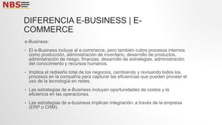 DIFERENCIA E-BUSINESS | E-
COMMERCE
e-Business:
• El e-Business incluye al e-commerce, pero también cubre procesos internos
como producción, administración de inventario, desarrollo de productos,
administración de riesgo, finanzas, desarrollo de estrategias, administración
del conocimiento y recursos humanos.
• Implica el rediseño total de los negocios, cambiando y revisando todos los
procesos en la compañía para capturar las eficiencias que pueden proveer el
uso de la tecnología en redes.
• Las estrategias de e-Business incluyen oportunidades de costos y la
eficiencia en las operaciones.
• Las estrategias de e-business implican integración: a través de la empresa
(ERP o CRM).
 