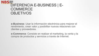 DIFERENCIA E-BUSINESS | E-
COMMERCE
OBJETIVOS
e-Business: Usar la información electrónica para mejorar el
rendimiento, crear valor y posibilitar nuevas relaciones con
clientes y proveedores.
e-Commerce: Consiste en realizar el marketing, la venta y la
compra de productos y servicios a través de Internet.
 