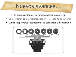• Se disponen sistemas de medición de luz muy precisos
• Se incorporan células fotoeléctricas en el interior de las cámaras
• Surgen los primeros automatismos de obturación y diafragmado
abertura.
Nuevos avances…
 