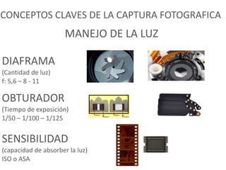 CONCEPTOS CLAVES DE LA CAPTURA FOTOGRAFICA
DIAFRAMA
(Cantidad de luz)
f: 5,6 – 8 - 11
OBTURADOR
(Tiempo de exposición)
1/50 – 1/100 – 1/125
SENSIBILIDAD
(capacidad de absorber la luz)
ISO o ASA
MANEJO DE LA LUZ
 