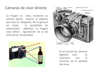 La imagen es vista, mediante un
sistema óptico exterior al objetivo
que toma la fotografía. Por lo general
no existe la posibilidad de
intercambiar objetivos. La imagen
vista difiere ligeramente de la de
toma (error de paralaje)
En el caso de las cámaras
digitales esto se
soluciona con la
inclusión de la pantalla
live view.
Cámaras de visor directo
 