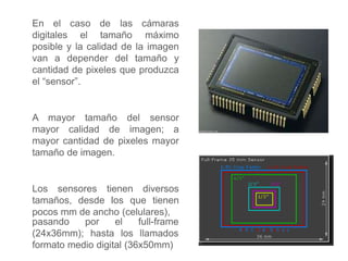 En el
digitales
caso de
el tamaño
las cámaras
máximo
posible y la calidad de la imagen
van a depender del tamaño y
cantidad de pixeles que produzca
el “sensor”.
A mayor tamaño del sensor
mayor calidad de imagen; a
mayor cantidad de pixeles mayor
tamaño de imagen.
Los sensores tienen diversos
tamaños, desde los que tienen
pocos mm de ancho (celulares),
pasando
(24x36mm);
por
hasta
el full-frame
los llamados
formato medio digital (36x50mm)
 
