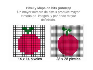 Pixel y Mapa de bits (bitmap)
Un mayor número de pixels produce mayor
tamaño de imagen, y por ende mayor
definición.
 