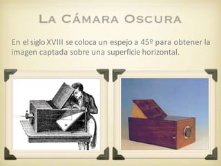 En el siglo XVIII se coloca un espejo a 45º para obtener la
imagen captada sobre una superficie horizontal.
 