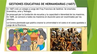 GESTIONES EDUCATIVAS DE HERNANDARIAS (1607)
En 1607 creó un colegio a cargo del Fray Francisco de Saldívar. Se enseñaba
Gramática, arte y Teología.
Se preocupó por la fundación de escuelas y la capacidad e idoneidad de los maestros.
En 1609, se convocó a todos los maestros en Asunción para ser examinados por los
jesuitas.
La Corona planteada que podría crearse la universidad si el costo si el costo quedaba a
cargo de la Provincia.
 