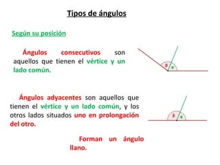 Tipos de ángulos

Según su posición

    Ángulos     consecutivos     son
 aquellos que tienen el vértice y un
 lado común.


   Ángulos adyacentes son aquellos que
tienen el vértice y un lado común, y los
otros lados situados uno en prolongación
del otro.

                       Forman un ángulo
                    llano.
 