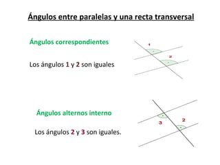 Ángulos entre paralelas y una recta transversal

Ángulos correspondientes


Los ángulos 1 y 2 son iguales   .




  Ángulos alternos interno

 Los ángulos 2 y 3 son iguales.
 