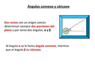 Ángulos convexo y cóncavo



Dos rectas con un origen común
determinan siempre dos porciones del
plano y por tanto dos ángulos, α y β.




 Al ángulo α se le llama ángulo convexo, mientras
 que el ángulo β es cóncavo.
 